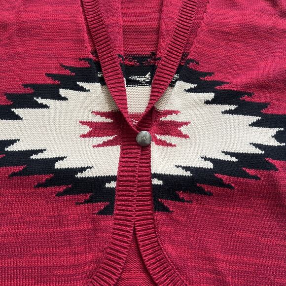 Chaps Cardigan Sweater Womens Lg Red One Button Short Sleeves Southwestern Aztec - Picture 7 of 9